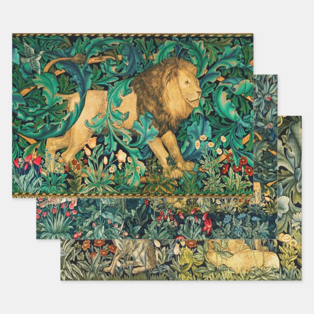Feuille De Papier Cadeau VERDURE, ANIMAUX FORESTIERS Lion, Hares et renard (Lot)