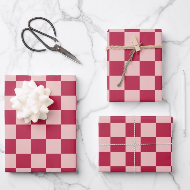 Feuille De Papier Cadeau Vérifier Magenta Et Peach Motif Checkerboard (Recto)