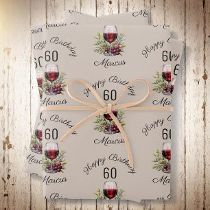 Feuille De Papier Cadeau Verre à vin rouge Olive Aquarelle 50e Anniversaire