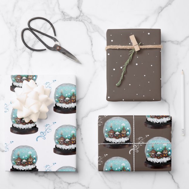 Feuille De Papier Cadeau Verre Snowball Village d'hiver Noël Brown (Recto)