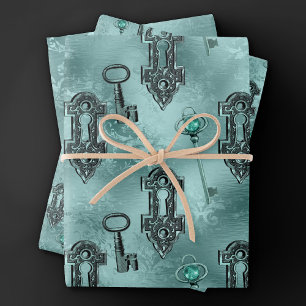 Feuille De Papier Cadeau Verrouillage Steampunk et clé Turquoise   Découpag