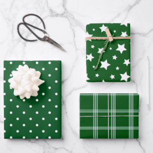 Feuille De Papier Cadeau Vert Blanc Pois Étoiles Plaid Holiday