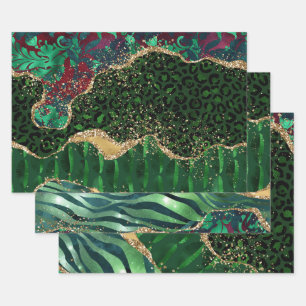 Feuille De Papier Cadeau Vert et faux paillettes d'or Safari Jungle Agate