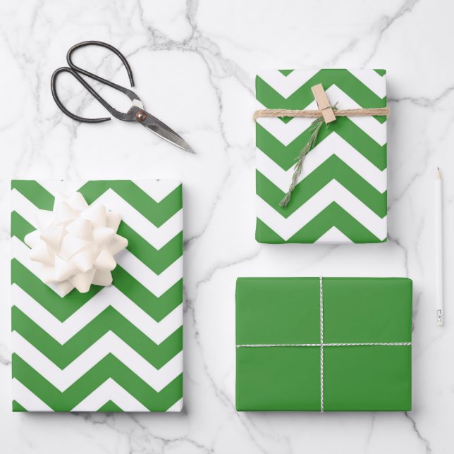 Feuille De Papier Cadeau Vert foncé et chevron blanc Mariage Anniversaire (Recto)