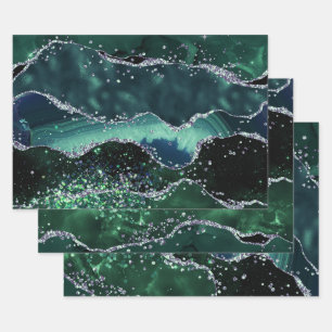 Feuille De Papier Cadeau Vert foncé glamour et fausse agate scintillante ar