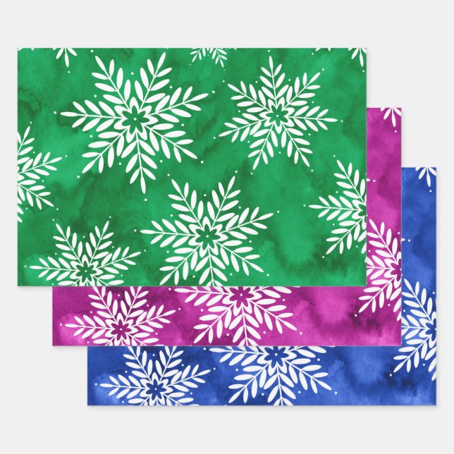 Feuille De Papier Cadeau Vert Magenta Bleu Aquarelle Abstraite Snowflakes (Lot)