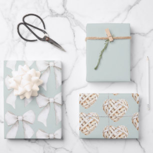 Feuille De Papier Cadeau Vert Menthe Élégant Cœurs et Rubans Mariage