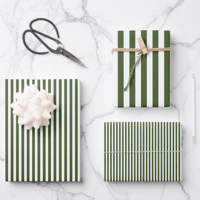 Feuille De Papier Cadeau Vert mousse foncé et rayures blanches (Recto)