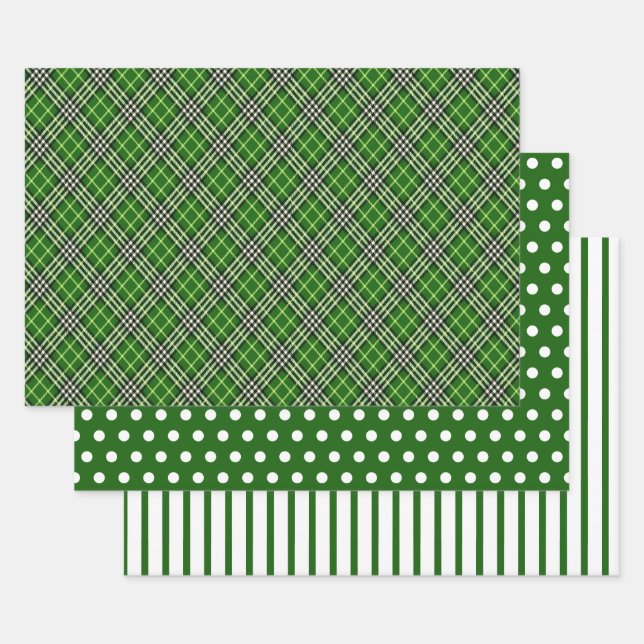 Feuille De Papier Cadeau Vert Noir Blanc Plaid Buffalo pois rayures (Lot)