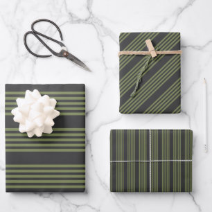 Feuille De Papier Cadeau Vert olive et charbon de bois cinq bandes motif