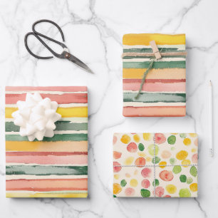 Feuille De Papier Cadeau Vert Pêche Rose Rouge Jaune Rayures Anniversaire