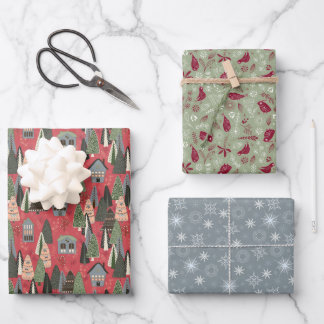 Feuille De Papier Cadeau Vert Rose Gris Noël Forêt Village