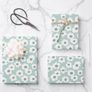 Feuille De Papier Cadeau Vert sauge Blanc Gris Floral Bohème Tendance 