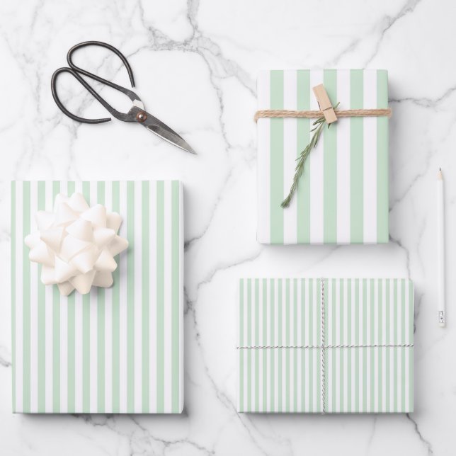 Feuille De Papier Cadeau Vert sauge clair et rayures blanches (Recto)