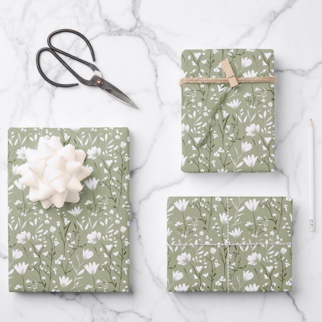 Feuille De Papier Cadeau Vert sauge et floral blanc Shower de mariage (Recto)