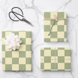 Feuille De Papier Cadeau Vert sauge poussiéreux et damier jaune beurre