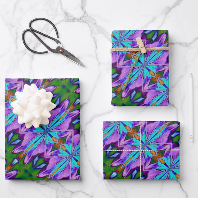 Feuille De Papier Cadeau Vert turquoise violet Design abstrait (Recto)