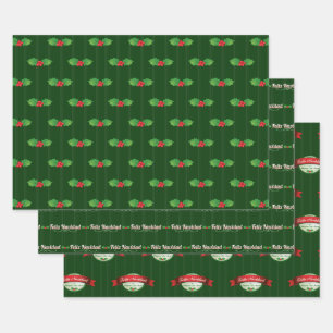 Feuille De Papier Cadeau Verticale Striped Holly Berry Feliz Navidad