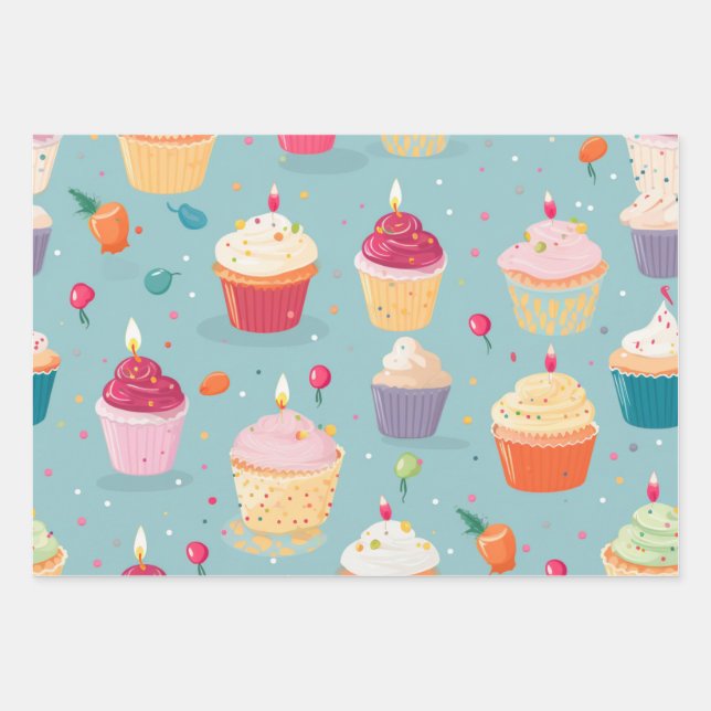 Feuille De Papier Cadeau Vibrant Joyeux Motif de Cupcakes d'anniversaire (Devant)