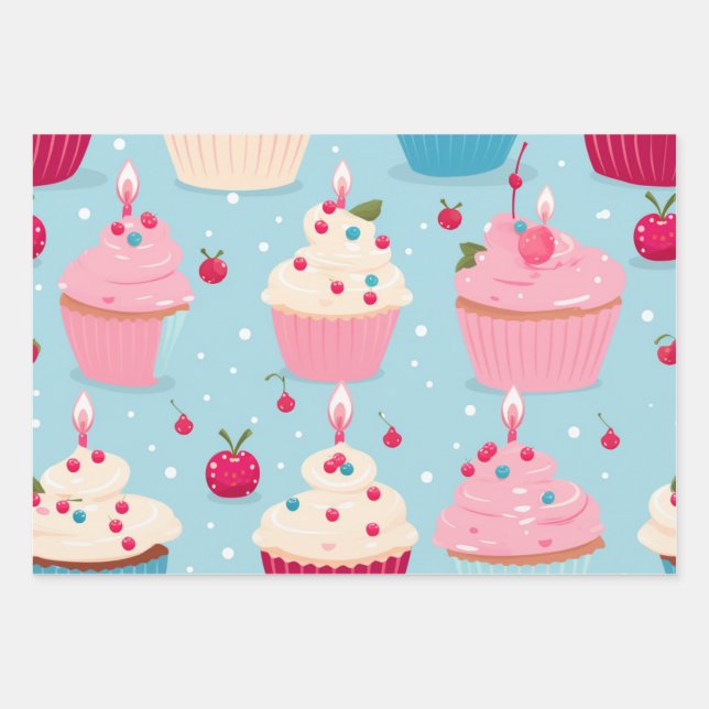 Feuille De Papier Cadeau Vibrant Joyeux Motif de Cupcakes d'anniversaire (Devant)