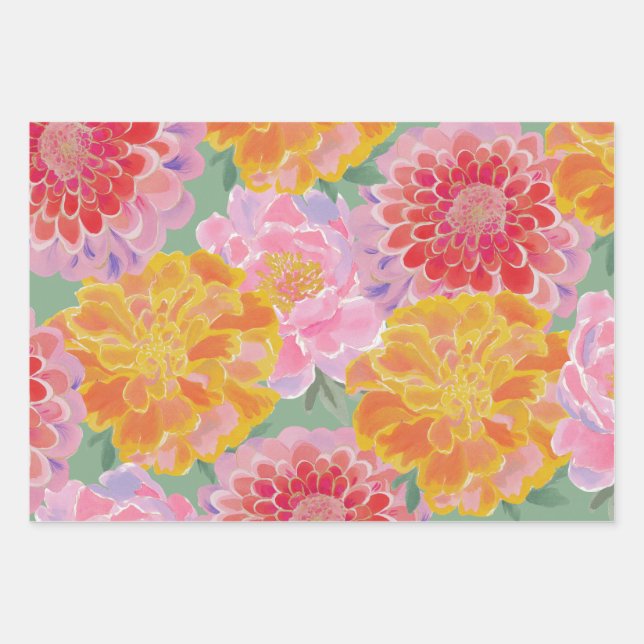Feuille De Papier Cadeau Vibrant Marigold Zinnia Summer Floral (Devant)