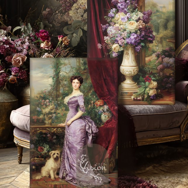 Feuille De Papier Cadeau Victorian Lady English Garden Portrait Decoupage  (Close up of a vintage lady portrait & still life floral, against a purple French living room scene.)