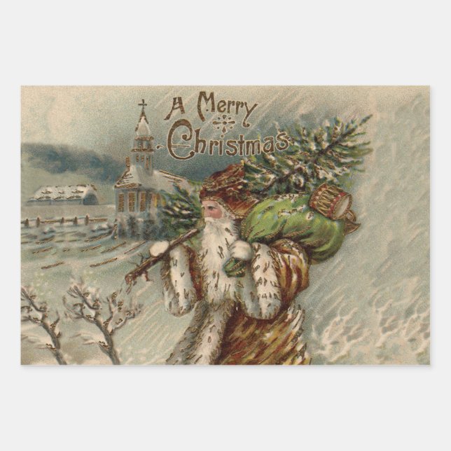 Feuille De Papier Cadeau Victorian Santa Claus With Christmas Tree (Devant)