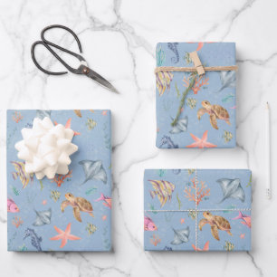 Feuille De Papier Cadeau Vie océanique à l'aquarelle Texturé bleu clair