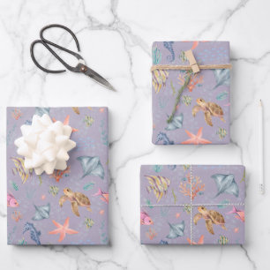 Feuille De Papier Cadeau Vie océanique à l'aquarelle Texture violet clair