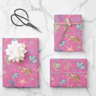 Feuille De Papier Cadeau Vie océanique aquarelle rose texturée