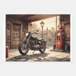 Feuille De Papier Cadeau Vieille moto dans un garage avec pompe à huile
