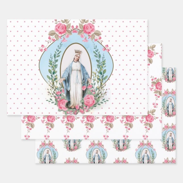 Feuille De Papier Cadeau Vierge Catholique Marie Religieuse Florale Envelop (Lot)