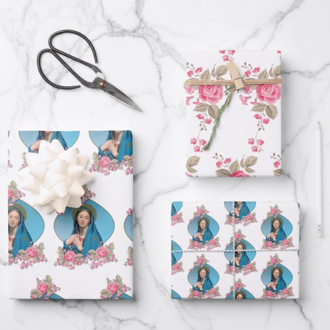 Feuille De Papier Cadeau Vierge catholique Marie Roses roses religieuses ro (Recto)