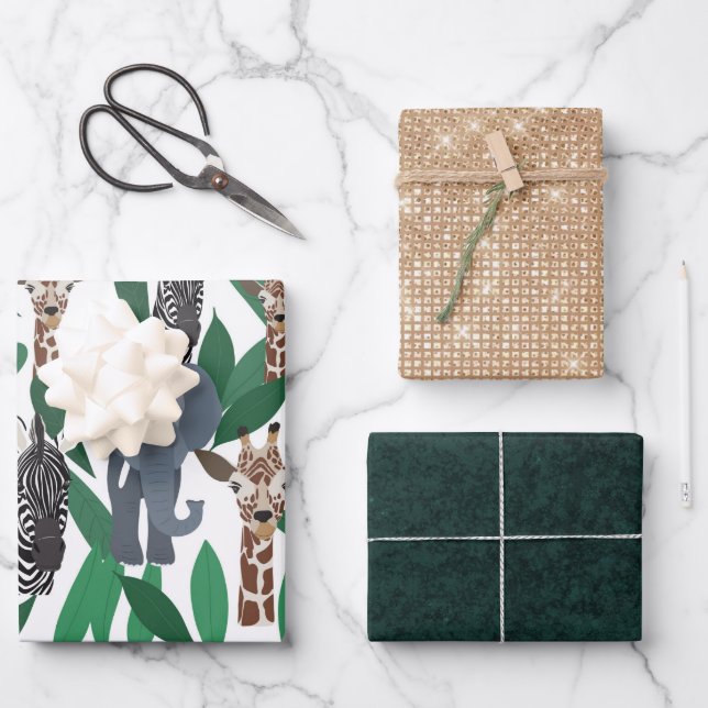 Feuille De Papier Cadeau Vierge Zebra Elephant Giraffe Safari Animals (Recto)