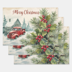 Feuille De Papier Cadeau Vieux Camion Rouge Joyeux Noël