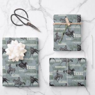 Feuille De Papier Cadeau Vieux Chariot de l'Ouest Rodeo Cowboy Bison Gris B