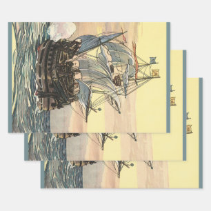Feuille De Papier Cadeau Vieux navire pirate, galion naviguant sur l'océan