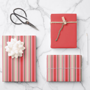 Feuille De Papier Cadeau Vieux Noël Rétro rayures rose rouge