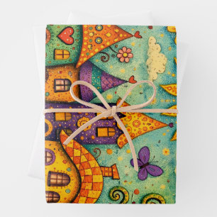 Feuille De Papier Cadeau Village de conte de fées fantaisiste Art sur toile