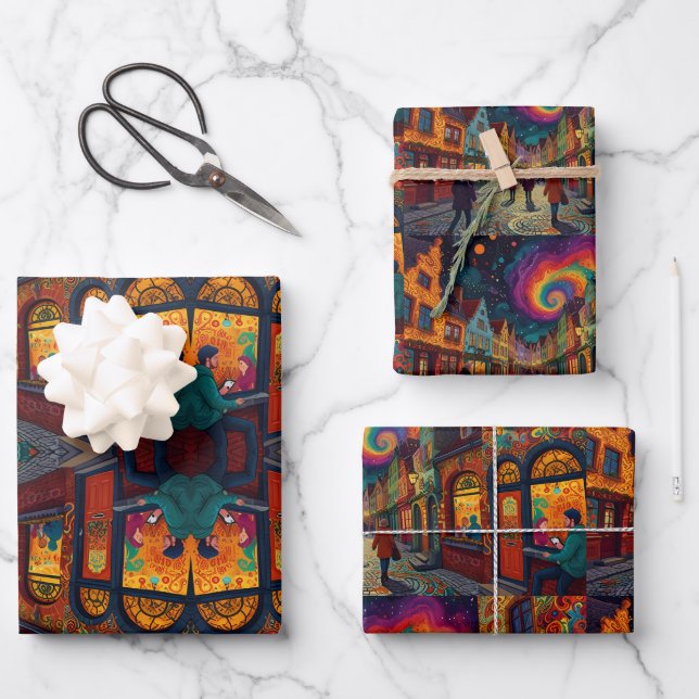 Feuille De Papier Cadeau Village de Noël Europe Angleterre (Recto)