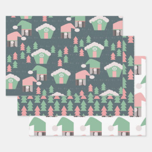 Feuille De Papier Cadeau Village de Noël rose Gnomes