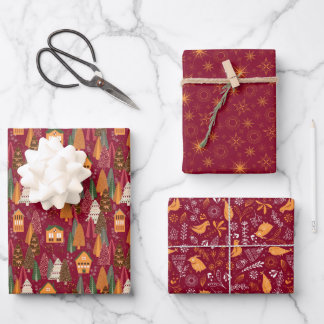 Feuille De Papier Cadeau Village de Noël rouge forêt oiseaux flocons de nei