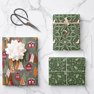 Feuille De Papier Cadeau Village de Noël vert Forêt Oiseaux Maisons