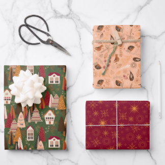 Feuille De Papier Cadeau Village de Noël vert, rouge et rose