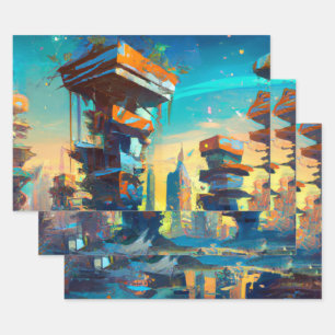 Feuille De Papier Cadeau Ville dystopique futuriste, peinture générée par l