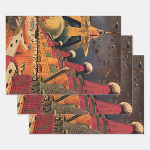 Feuille De Papier Cadeau Ville futuriste de science-fiction vintage avec vo