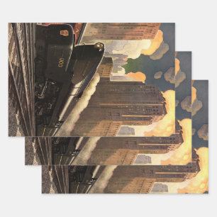 Feuille De Papier Cadeau Ville vintage, train duplex T1 sur les voies ferré