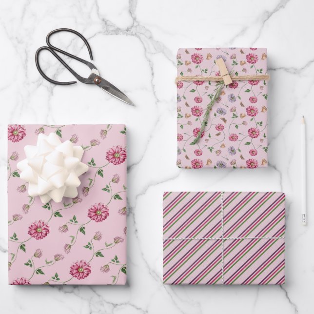 Feuille De Papier Cadeau Vin floral rose et violet (Recto)