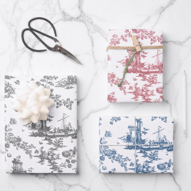 Feuille De Papier Cadeau Vintage Anglais Floral Toile rose, Bleu, Gris (Recto)