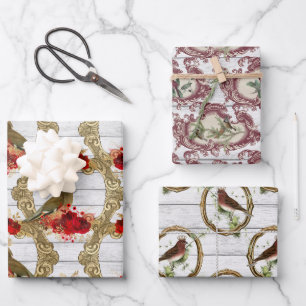 Feuille De Papier Cadeau Vintage Birds Frame Floral Noël